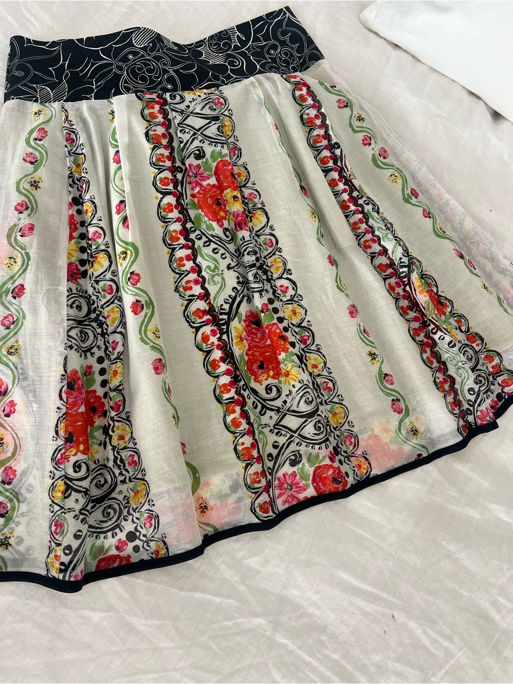 Floral Border Circle Skirt in White with Red & Pink Florals